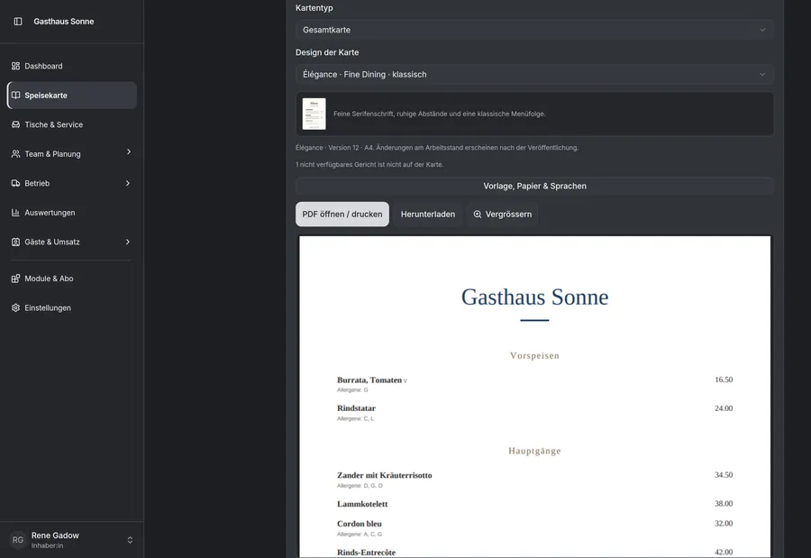 Speisekarte des Gasthaus Sonne mit Artikelliste und rechts dem druckfertigen PDF der Karte