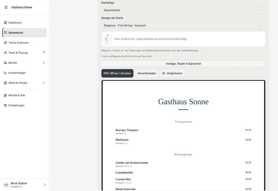 Speisekarte des Gasthaus Sonne mit Artikelliste und rechts dem druckfertigen PDF der Karte