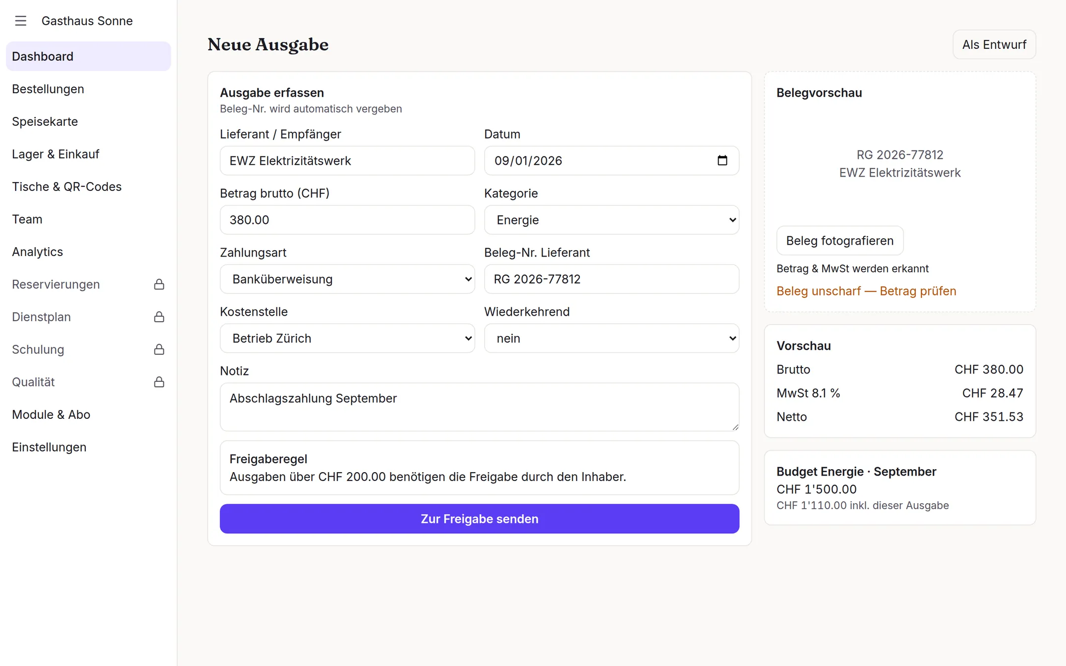 Finance+: detail view on the management console