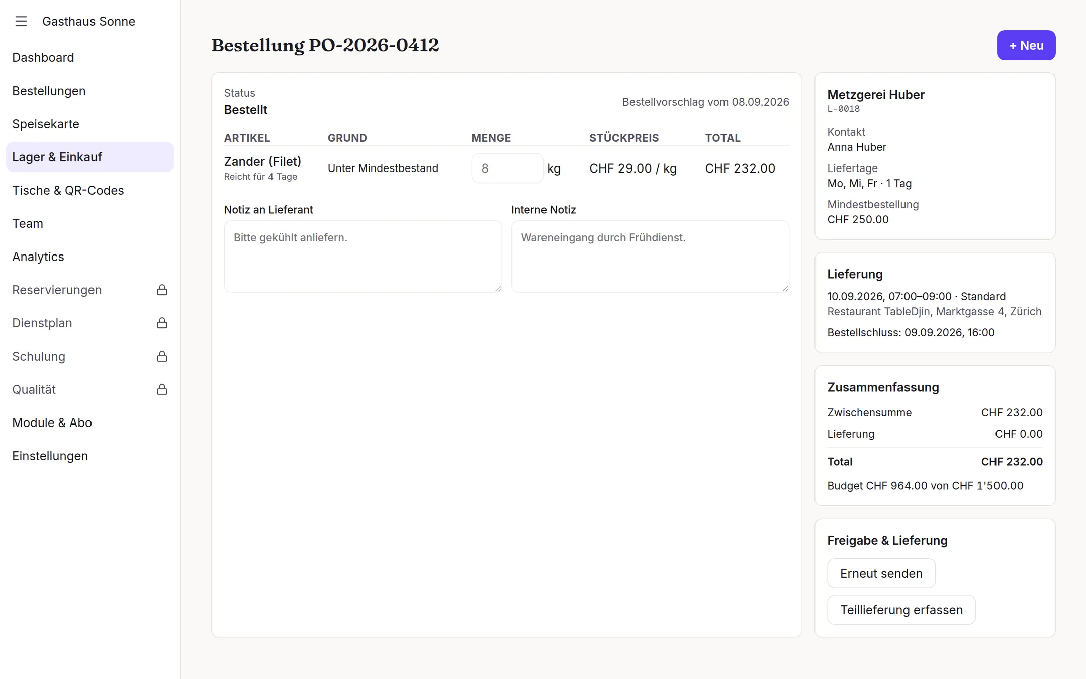 Purchasing+: Übersicht auf der Verwaltungsoberfläche