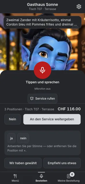 Gäste-App: der Djin liest die Bestellung des Tisches vor, darunter «Tippen und sprechen», «Service rufen» und «An den Service weitergeben»