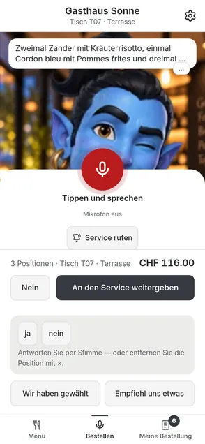 Gäste-App: der Djin liest die Bestellung des Tisches vor, darunter «Tippen und sprechen», «Service rufen» und «An den Service weitergeben»