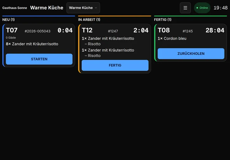 Küchen-Display der warmen Küche: der neue Bon eines Tisches unter «Neu», daneben «In Arbeit» und «Fertig»